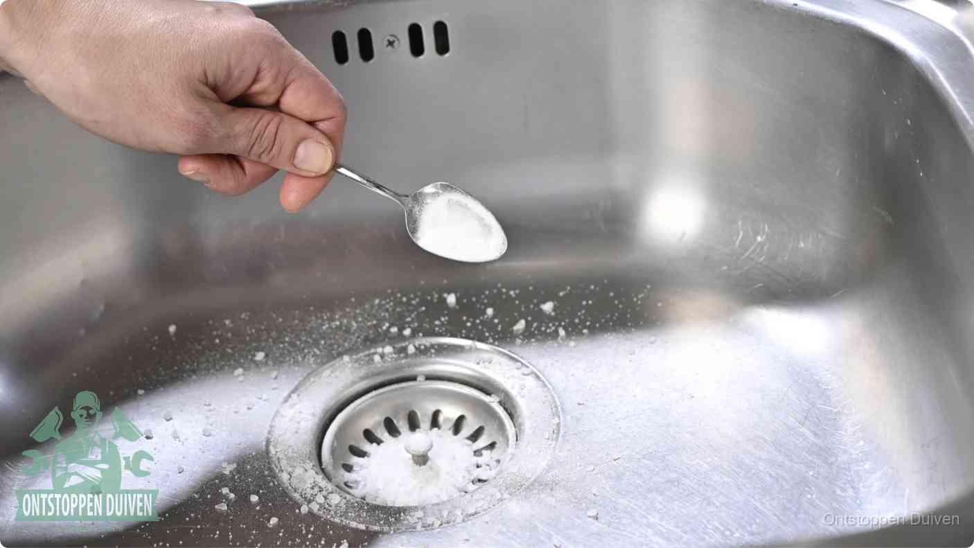 Een hand strooit met een lepel soda in de afvoer van een roestvrijstalen spoelbak, de soda en azijn huismiddel-methode om de afvoer te ontstoppen in Duiven